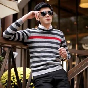 秋冬韩版男装都市休闲条纹套头男士毛衣纯棉品质男款圆领毛衣323
