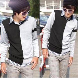 秋冬韩版男装潮流纯棉男毛衣日韩街头秀时尚撞色V领套头毛衣317