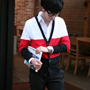 春秋韩版男装V领纯棉毛衣撞色百搭男装毛衣开衫针织外套327