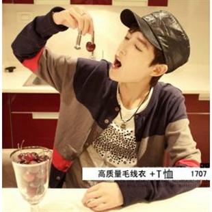 秋冬新品学院风潮韩版男士针织毛衣林弯弯撞色开衫毛衣MY12