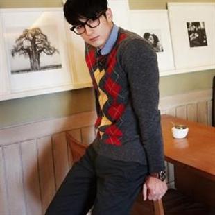 秋冬韩版男装纯棉毛衣V领套头短款男士毛衣菱格针织毛衣320