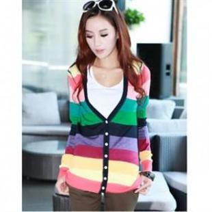 HYYX-A157 炫丽彩色条纹前长袖针织开衫