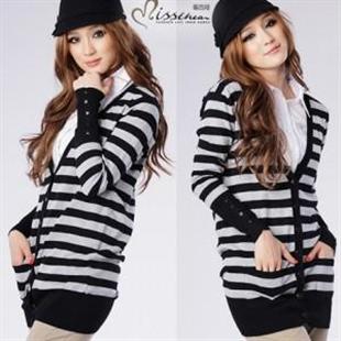 秋装新款 蜜西娅MW3157条纹V领中长款针织衫