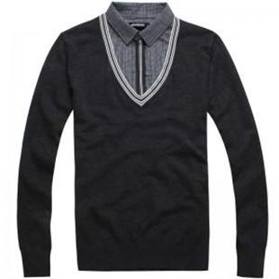 GENANX 新款 假两件衬衫领 毛衣 男士针织衫 B019-6 深灰色