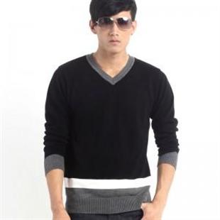 GENANX 经典百搭V领拼色男士修身毛衣 打底衫 B029-1 黑色