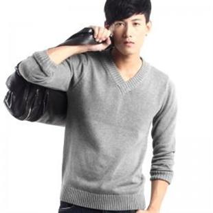 GENANX 秋冬纯棉经典爆款 V领纯色打底衫毛衣 男 B027-4 灰色