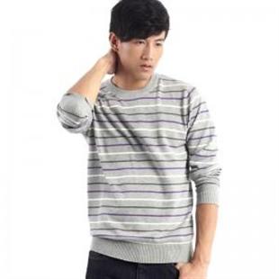 GENANX 秋装 纯棉圆领男士长袖条纹毛衣针织衫 B021-4 灰色