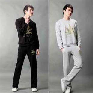 春季新款男装男式韩版时尚简洁印花套头运动卫衣裤套装黑灰色