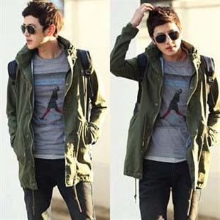 春季 韩版男式新款 军绿色长款纯棉水洗工装款风衣大衣