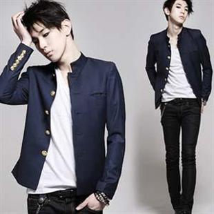 男式春季新款复古英伦风韩版藏青色黑色修身休闲中山装西装